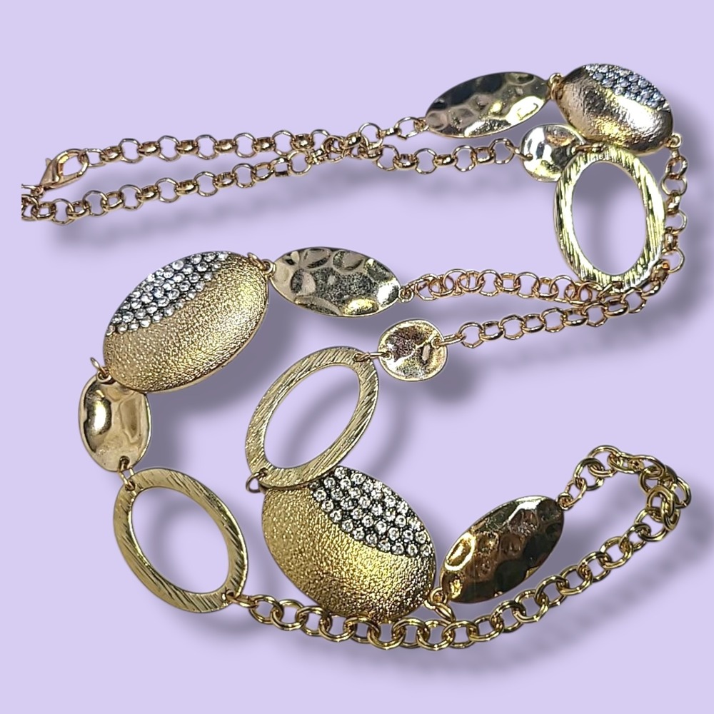 Gold Tone‎ Rhinestones Oval Disc Station Necklace 34"